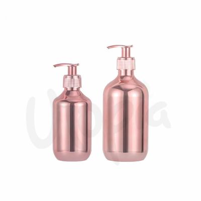 China Rose Gold Cosmetic Bottle Pink Gold In Stock 300-500ml Plated Craft Gold Silver Shampoo Bottle Body Wash Dispenser for sale