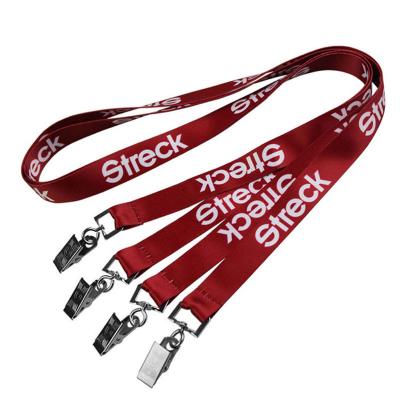 China Promotional Gifts Luxury Polyester Single Lanyard With Double Swivel Bulldog Clips Red Color for sale