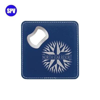 China Fashion Manufacturer Custom Logo PU Bottle Opener Laser Printed Leather Coaster for sale