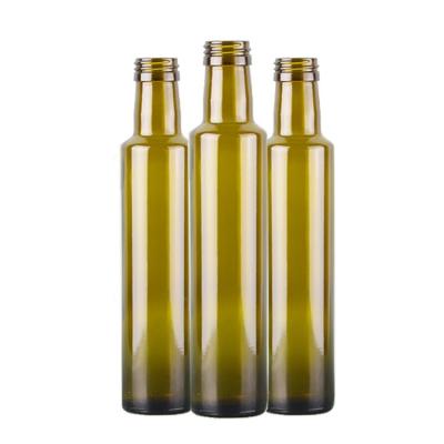 China Olive oil glass bottle 250ml round shaped antique green glass bottle for marasca olive oil aluminum lid for sale