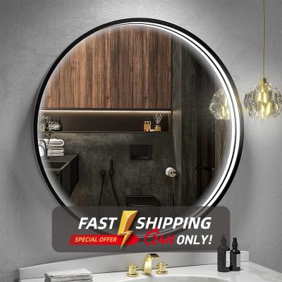 China Fashion Bright Living Room Mirrors Round Wall Black Gold Lighting Bathroom With Smart Light Led Mirror for sale