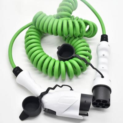 China TUV Sprial Coiled EV Cable 16A Mode 3 Charging Type - 2 To Type 1 Green Spring Wire Car Charger for sale