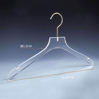 China Eco-friendly Material Clear Acrylic Hanger With Transparent Gold Hook Shirts Dress Hanger With Notches For Lady Kids for sale