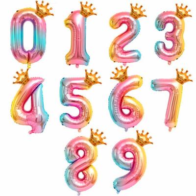 China 32 Inch Numbers Baby Shower Number Balloon Birthday Party Decorations Gift Toy Crown Number Rainbow Foil Balloon for sale