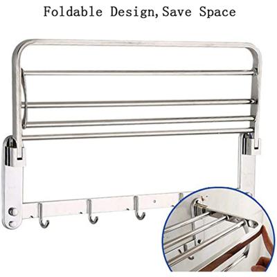 China Heater High Quality 304 Stainless Steel Bath Towel Rack Bathroom Accessories Foldable Polished Wall Mounted Towel Rack With Coat Hook for sale