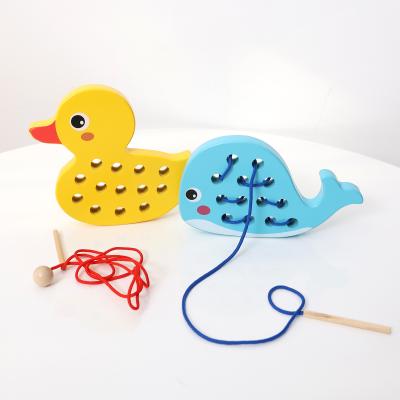 China Game of Wooden Duckling and Whale Threading Cartoon Animal Board Montessori Toddler Educational Toy for sale