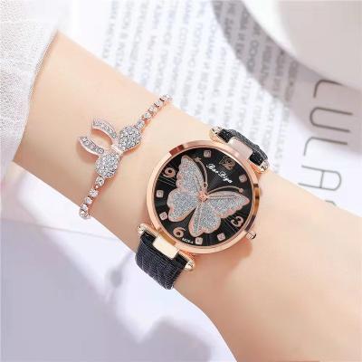 China Fashion butterfly women unisex bracelet watches set black bracelet watch ladies quartz wristwatch casual leather clock reloj mujer for sale