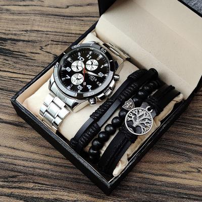 China 5PCS/Set Mens Day/Date Stainless Steel Watch Strap Gift Box For Men Watches Bracelet Set Steel Band Quartz Watch Clock Gift For Male for sale