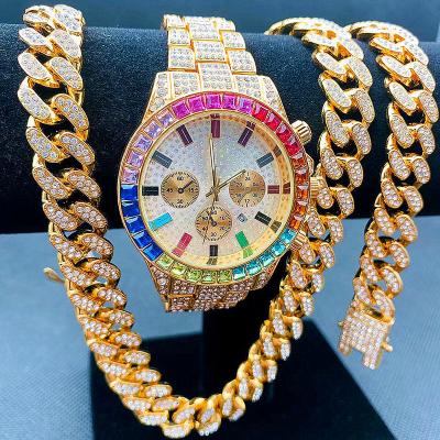 China Day/Date Lced Release Necklace Bracelet Watch Bling Hip Hop Gift Set Watches Cuban Wristwatches Set Gold Diamond Watch Jewelry Sets for sale