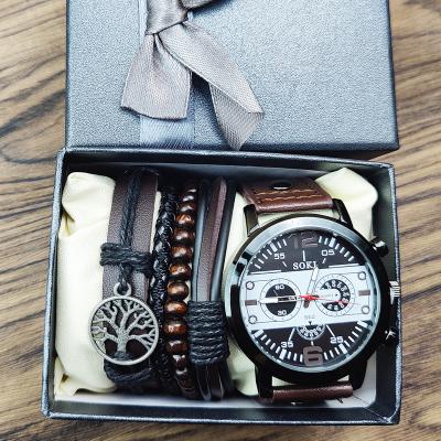 China Fashion luxury popular 6 pieces\dress/set bracelet watches set men watch with box sport men wrist leather strap quartz watch wholesale wristwatch for sale