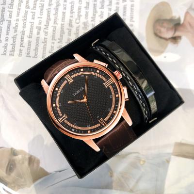 China Hot sale brand men's fashionable quartz watch quartz watches leather strap waterproof men watch+bracelet+box set business wristwatches relogio musculino for sale