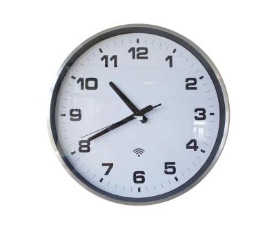 China WiFi Wall Watch Indoor Analog Clock, Silver Black Casing, School/Hospital Network Clock for sale