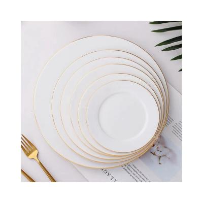 China Sustainable Support Small Batch Trial Order Custom Pattern Logo Single Gold Rim White Porcelain Flat 8inch Plate for sale