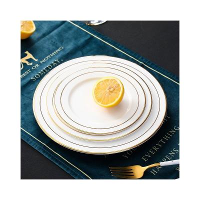 China Sustainable Two Gold Rim Custom White Porcelain Hotel Supplies BBQ Dinner Dishes for sale