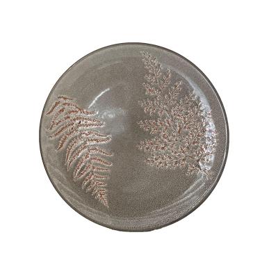 China Sustainable Kitchen Restaurant Coupe Shapes Palm Botanical Print Reactive Ceramic Plate Bowl Crockery Set for sale