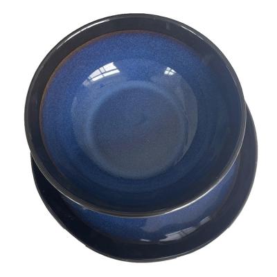 China Sustainable European Hot Selling Stoneware Set Blue And Black Rim Dinner Plate Reactive Glaze Dinnersets for sale