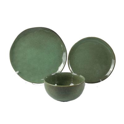 China Sustainable Upclay Everyday Use Sage Color Fresh Green Side Plate Ripple Texture Bowl Stoneware Set for sale