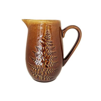 China Sustainable Customized Leaf  Logo Pattern Exquisite Caramel Color Reactive Glaze Silk Printing Kettle Jug Set for sale