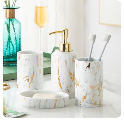 China Sustainable Classic Marble Pattern Bath Set Ceramic 4pcs Bathroom Accessories Set for sale