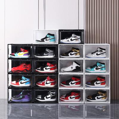 China Black and White Stackable Space Saving Sneaker Containers Collapsible Bins Rack Stands Viable With Megnetic PP Translucent Plastic Shoe Boxes for sale