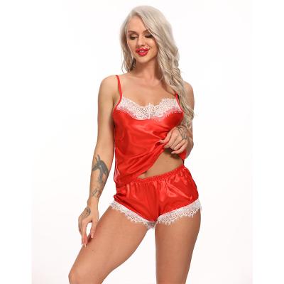 China Polyester Custom Sexy Red Satin Pajama Set Women Sleepwear 2 Piece Silk Lingerie Lounge Pijamas Pajamas Sets Women for sale