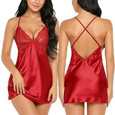 China Sexy Backless Lingerie Women's Nightgown Satin Polyester Lace Suspender Seductive Sleep Wear Shirt Dress for sale