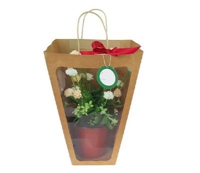 China Eco - Friendly Kraft Paper Flower Bag Plant Display Gift Bag Eco - Friendly With PVC Windows for sale