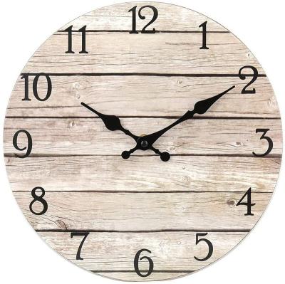 China Modern Rustic Wooden Kitchen Shabby Chic Home Bedroom Style Wall Clocks 25cm MDF Vintage Wooden Clock For Hanging for sale