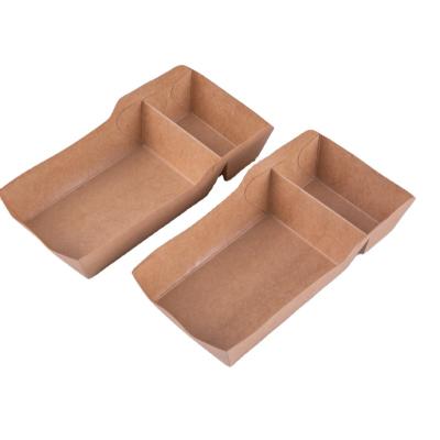 China Recyclable High Quantity Sales Recycle Rectangular Shape Brown Kraft Paper Fruit Food Hot Dog Dishes Tray for sale