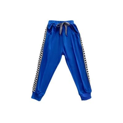 China Anti-pilling Mid Waist Drawstring Side Pattern Checkerboard Cotton Sweatpants Kids Casual Elastic Trousers for sale