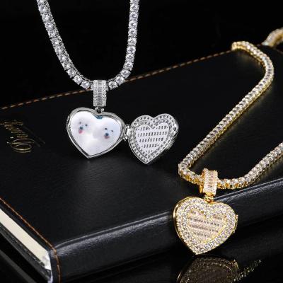 China Hip Hop RQ Iced Out Empty CZ Heart Photo Pendants Necklace Memory Photo View Pendant For Men And Women for sale