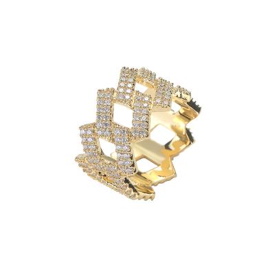 China RQ Punk Hip Hop Iced Out Cubic Zircon Ring Charm Jewelry Bling Gold Color Silver Jewelry Fork Setting Cuban Ring Men for sale