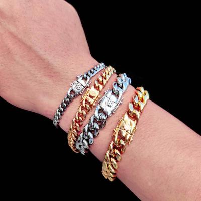 China Hip Hop RQ Stainless Steel Cuban Link Bracelet Hip Hop Chain Bracelet 8mm 10mm 12mm 7inch 8inch for sale