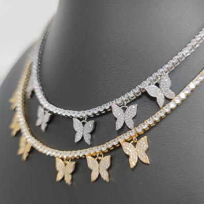 China Wholesale Hip Hop RQ Women Stainless Steel Butterfly Tennis Choker Jewelry Charm Silver Butterfly Necklace Rose Gold Plated Crystal CZ for sale