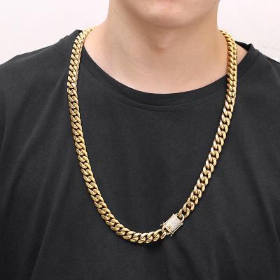 China Hip Hop CZ Iced Out Zircon Buckle 14K 18K Gold Plated Stainless Steel 12mm Miami Cuban Link Chain Necklace Set Mens Cuban Link Jewelry for sale