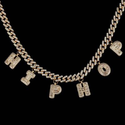 China Custom Hip Hop Name Wand Letters With 9MM Cuban Chain Necklaces Mens Pendants 9MM Zircon Hip Hop Jewelry Rock Letter Replaceable for sale