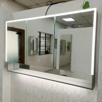 China Large Size Wall Mounted Two Door Mirror Medicine Cabinet LED Vanity Lighted Bathroom Mirror Medicine Cabinets for sale