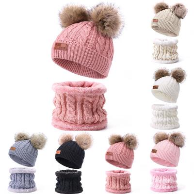 China COMMON Wholesale Winter Children Bib Hat 2 Pieces Set Knitted Warm Hat Wool Plus Thick Velvet Hat Collar For Child (HT002C) for sale