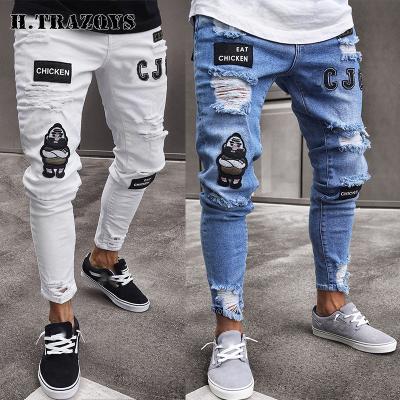 China Wholesale Fashion Style Brand OEM QUICK DRY Tapered Slim Fit Designer Ripped Hole Logo Skinny Men Jeans Pant Custom Made for sale