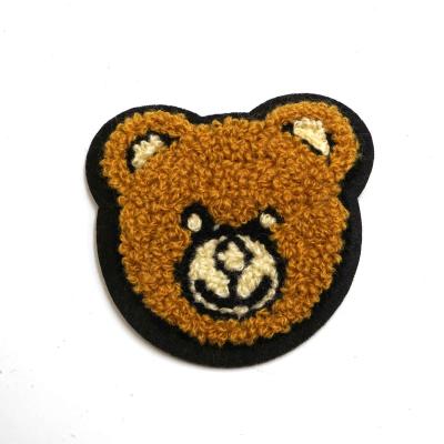 China Cute Bear Handmade Head Patch Brown Animal Embroidered Iron-on Cloth Badge Applique Craft Sew-on Chenille Patch for sale