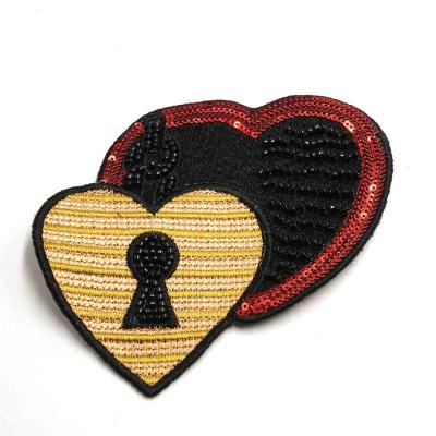 China Handmade Custom Own Logo Heart Embroidery Patch Beaded Sequin Patches Double Sew On Jacket Clothing for sale