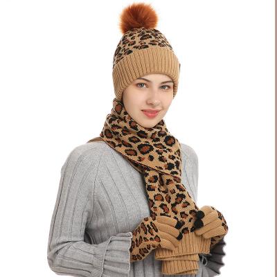 China European and American COMMON autumn and winter leopard print wool hat scarf knitting warm gloves three sets for sale