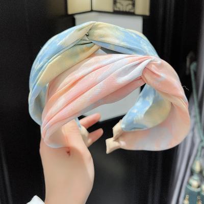 China Fashional Lady New Pretty Cross Wide Hair Band Fashion Tie Dyed Fabric Knot Headband For Women Hair Accessories for sale