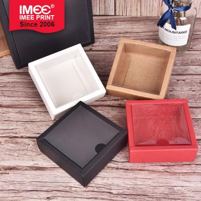 China Recycled Materials IMEE Cardboard Folded Kraft Paper Chocolate Cookie Soap Storage Packaging Boxes With Clear Cover PVC Window Lid for sale