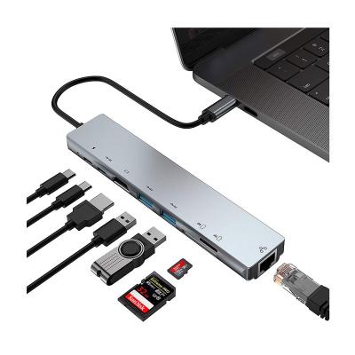 China Portable 8 in 1 Type C with Port HDTV PD Ethernet RJ45 4K USB 3.0 SD TF Card Reader Charging Multiport Adapter Dongle Station Hubs for sale