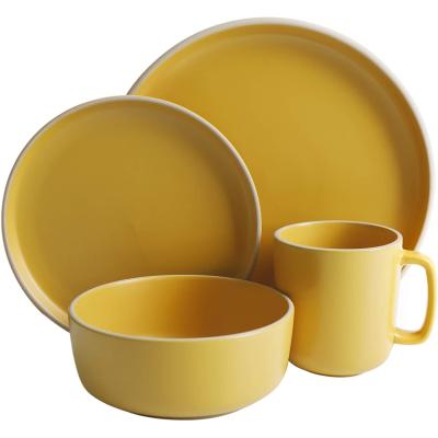 China Sustainable 16/18pcs China Dinnerware Stripe Cut Out Shiny Glazed Glazed Modern Yellow Ceramic Design Stoneware Dinner Set for sale