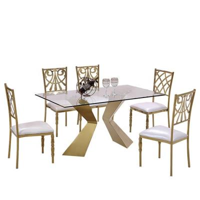 China New Design Gold Stainless Steel Wedding Party Event Glass Rectangle Modern Glass Banquet Catering Chairs And Tables Set for sale