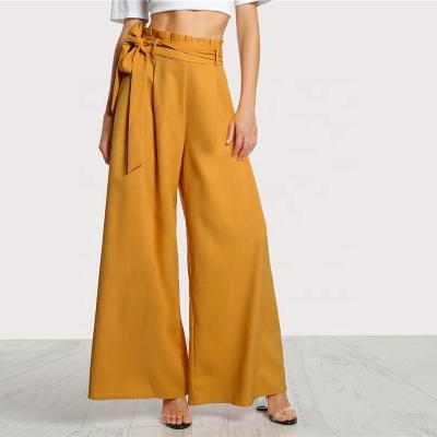 China High Waist Anti-Static Belted Zipper Pants Ginger Frill Waist Ruffle Wide Leg Pants Women OL Style Stylish Pants for sale