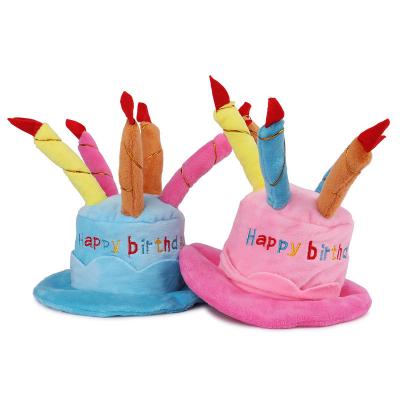 China Funny Comfy Sustainable Happy Birthday Cake Shaped Dog Hat Plush Birthday Pet Hats for sale