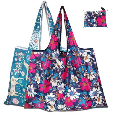 China Reusable Folding Tote Bag Reusable Polyester Foldable Customized Reusable Grocery Expandable Bag for sale